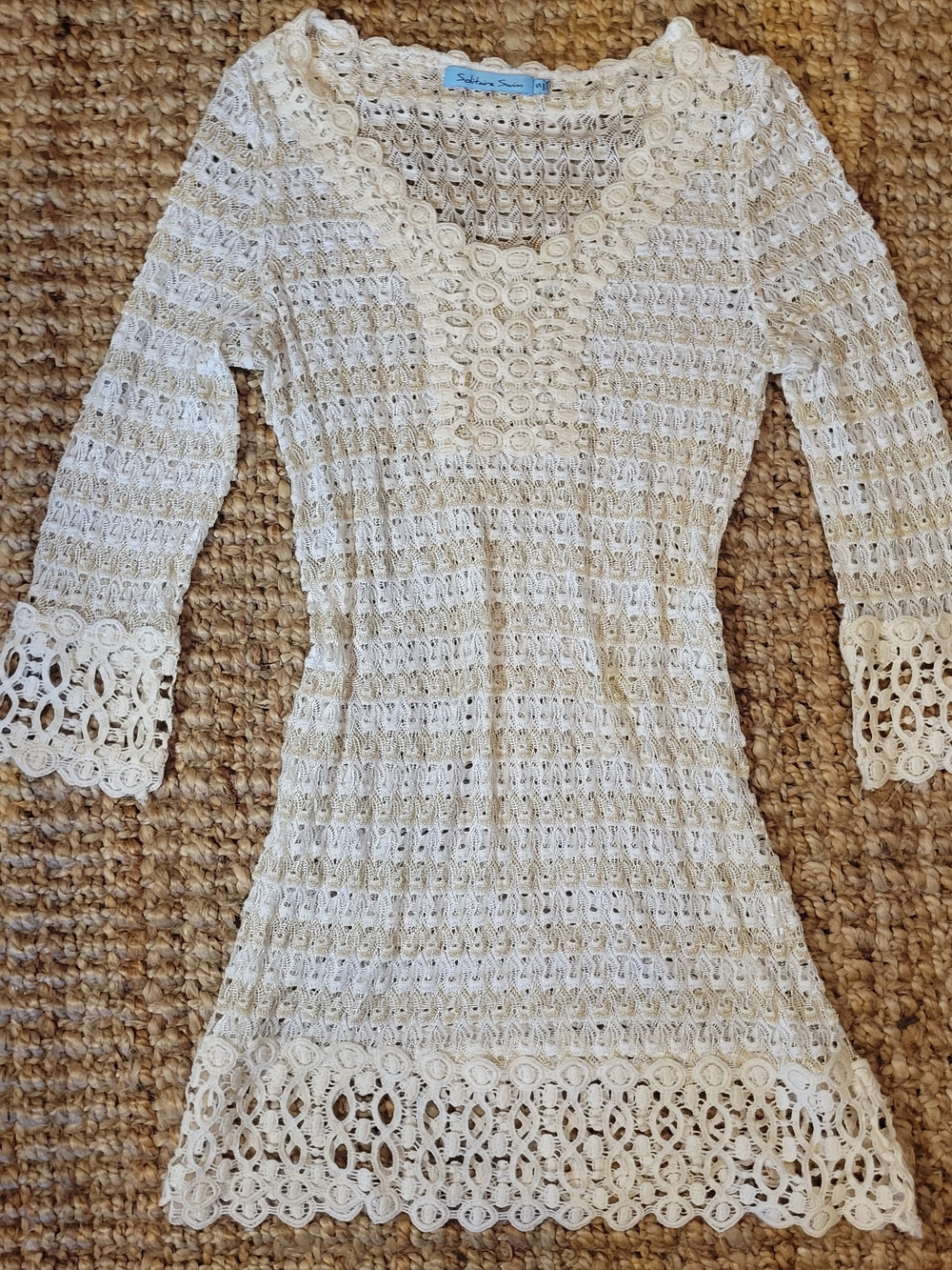 Solitaire Cream Crochet Swim Coverup Y2k Vintage Gold Shimmer Lace